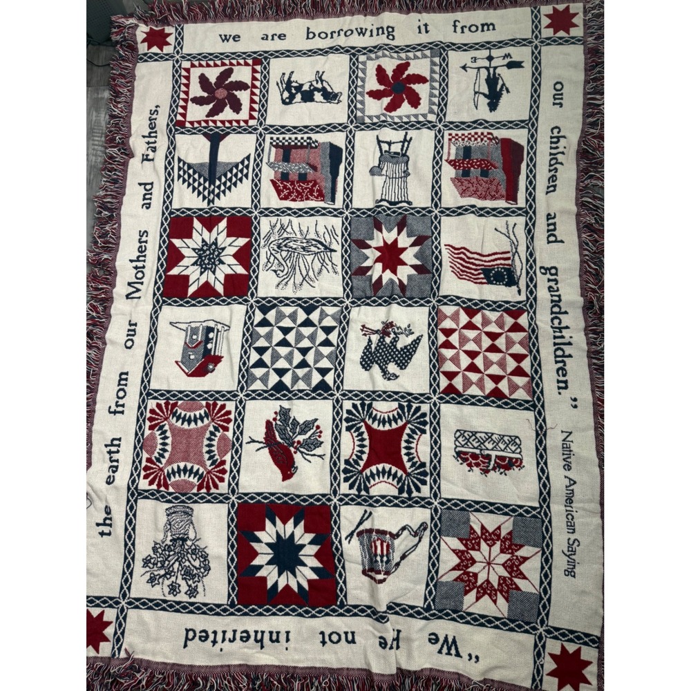 Vintage Woven Tapestry Throw Blanket Native American Saying Americana Patchwork